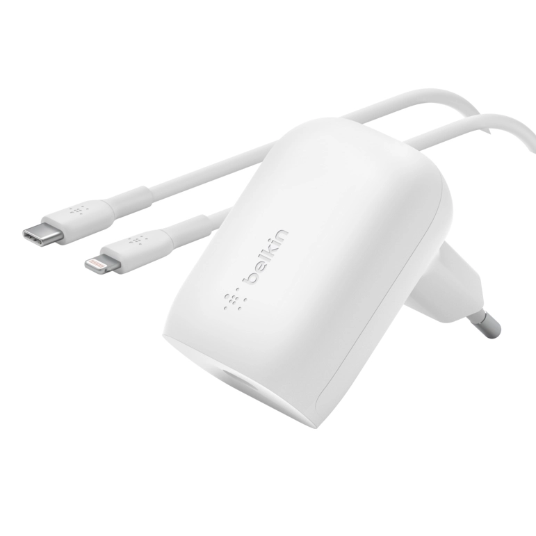 شارژر دیواری 30 وات بلکین مدل WCA005vf1MWH-B5 USB-C PD PPS به همراه کابل لایتنینگ